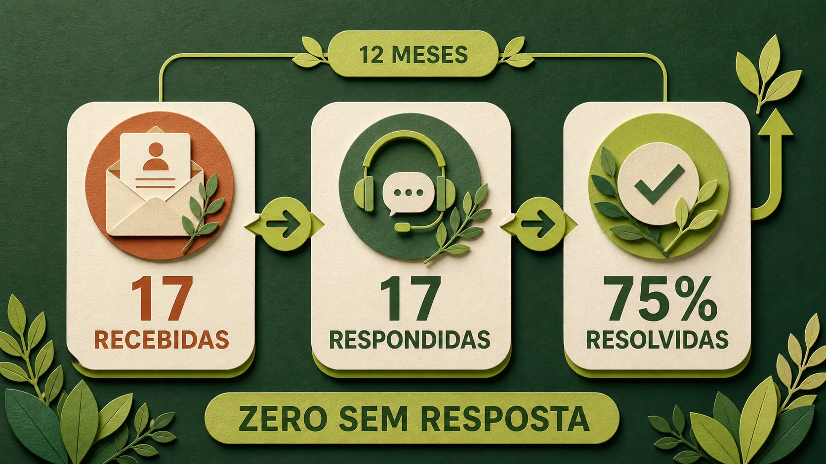 Fluxo editorial mostra 17 registros recebidos, 17 respondidos, 75% resolvidos e zero sem resposta em 12 meses