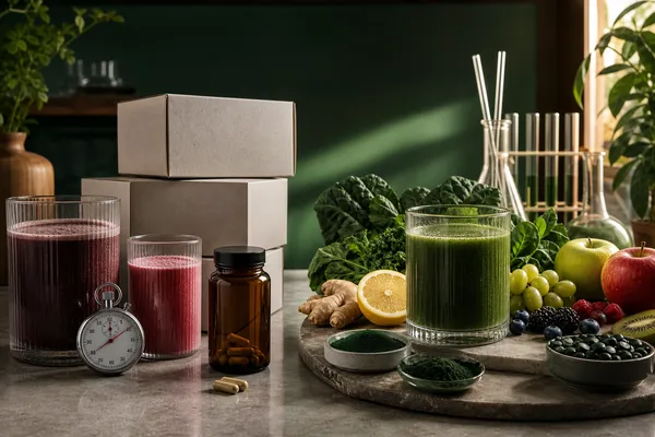 Três formatos de suplementos e várias caixas são comparados a uma única bebida verde cercada por frutas, vegetais e elementos de laboratório