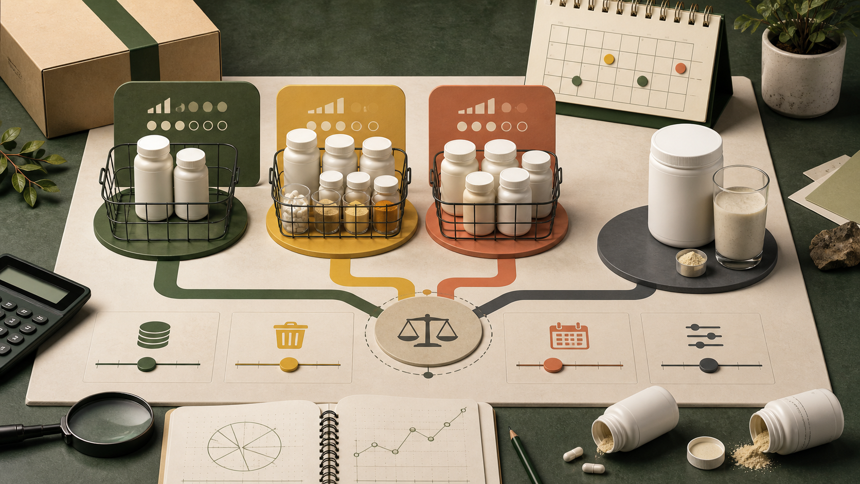 Infográfico compara três cestas de suplementos com um preparo all-in-one por custo, sobra, calendário e controle