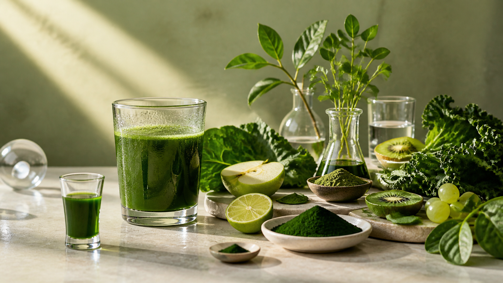 Um pequeno shot verde é comparado a um copo maior cercado por frutas, folhas e porções medidas de ingredientes