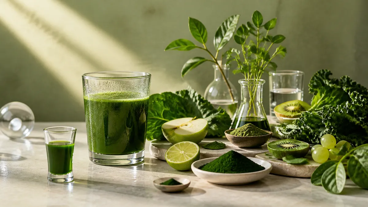 Um pequeno shot verde é comparado a um copo maior cercado por frutas, folhas e porções medidas de ingredientes