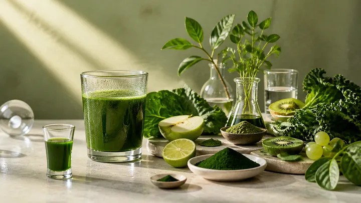 Um pequeno shot verde é comparado a um copo maior cercado por frutas, folhas e porções medidas de ingredientes