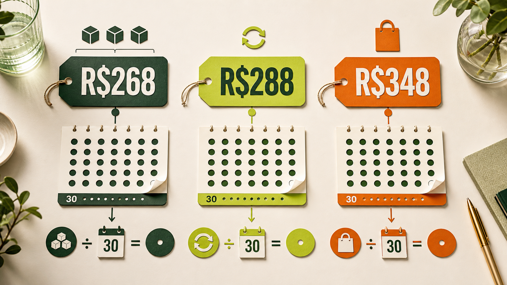 Infográfico com três etiquetas de preço da Nuture convertidas em custo por dose diária