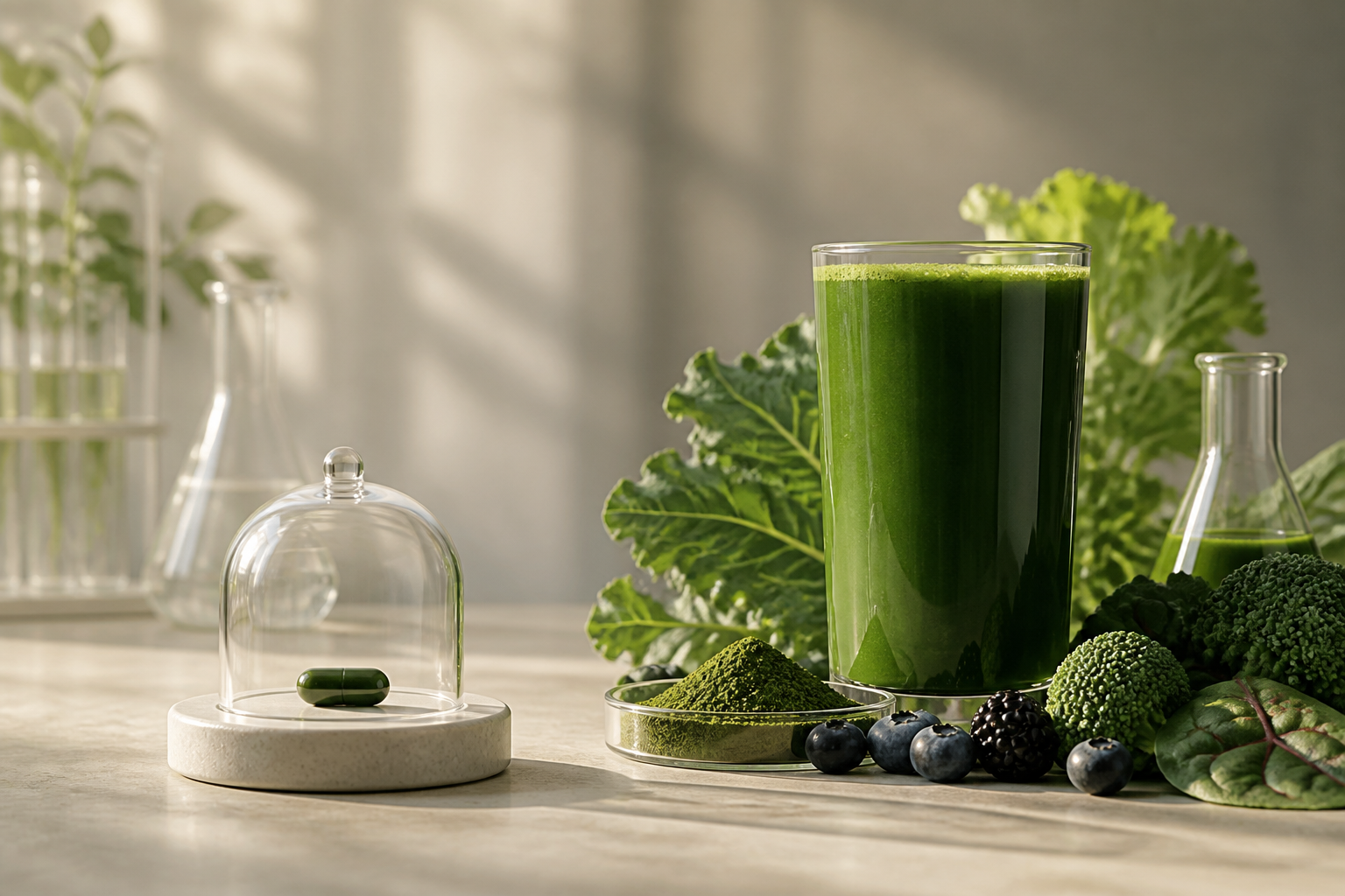 Uma cápsula isolada sob uma redoma é comparada a uma bebida verde cercada por ingredientes e elementos de laboratório