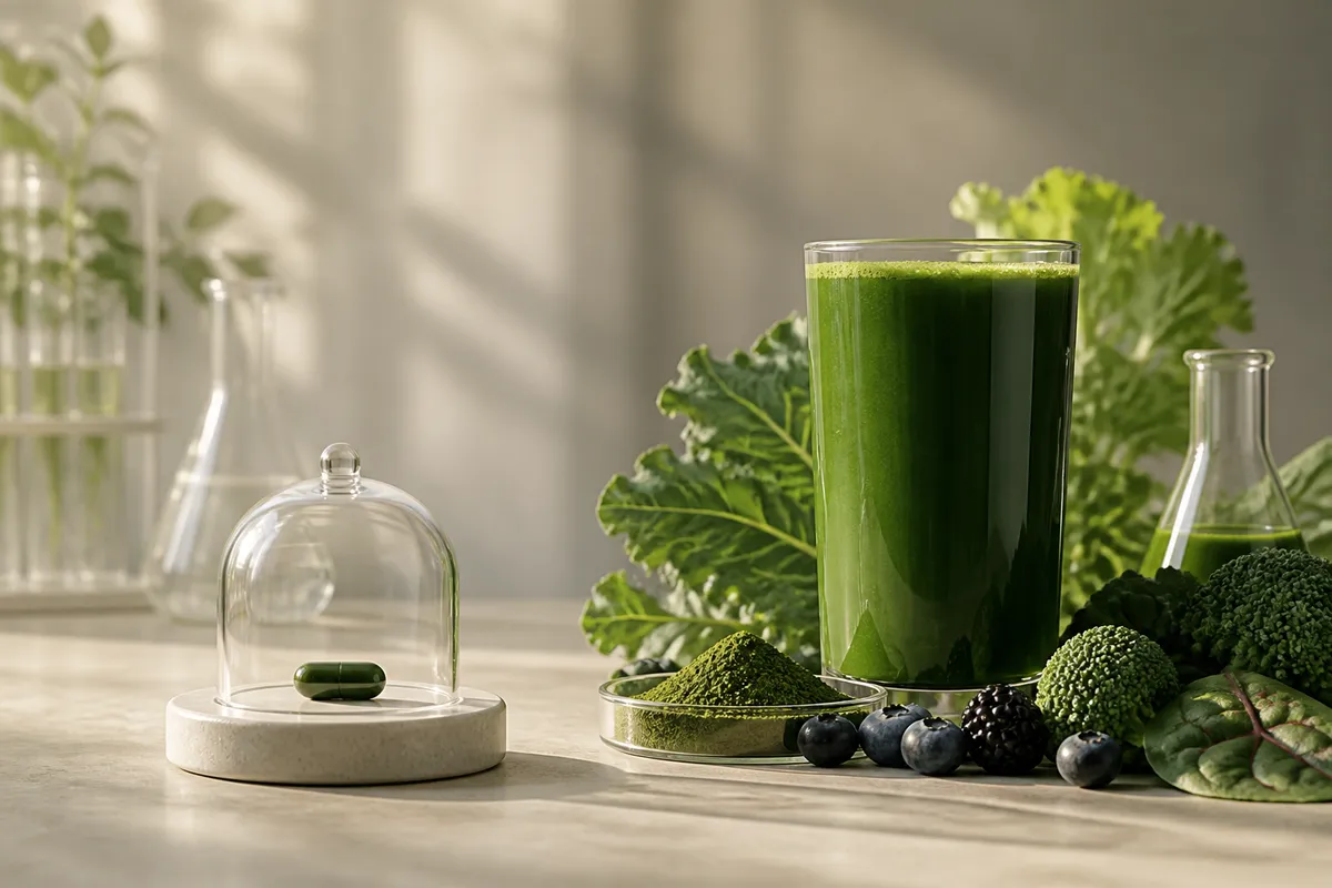 Uma cápsula isolada sob uma redoma é comparada a uma bebida verde cercada por ingredientes e elementos de laboratório