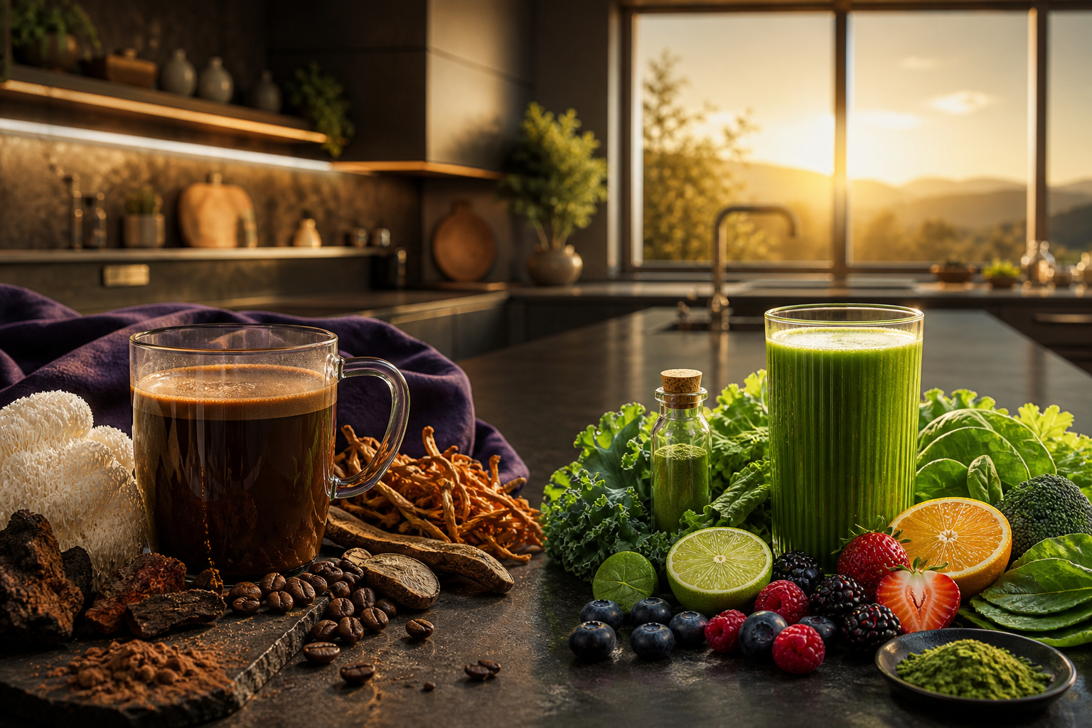 Duas bebidas matinais em uma cozinha: café com cogumelos de um lado e bebida verde com frutas e vegetais do outro