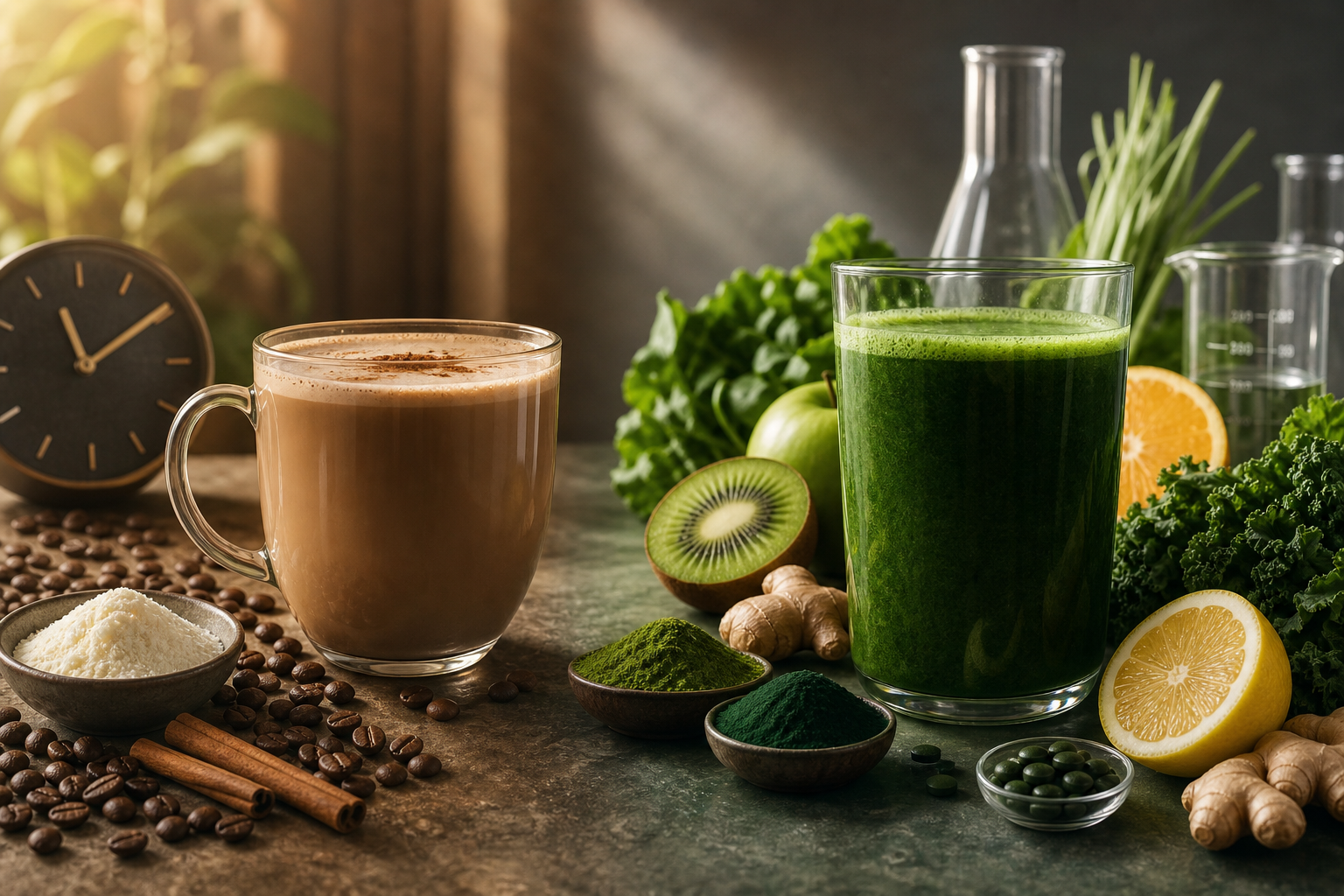 Uma xícara de café funcional é comparada a uma bebida verde em uma bancada editorial