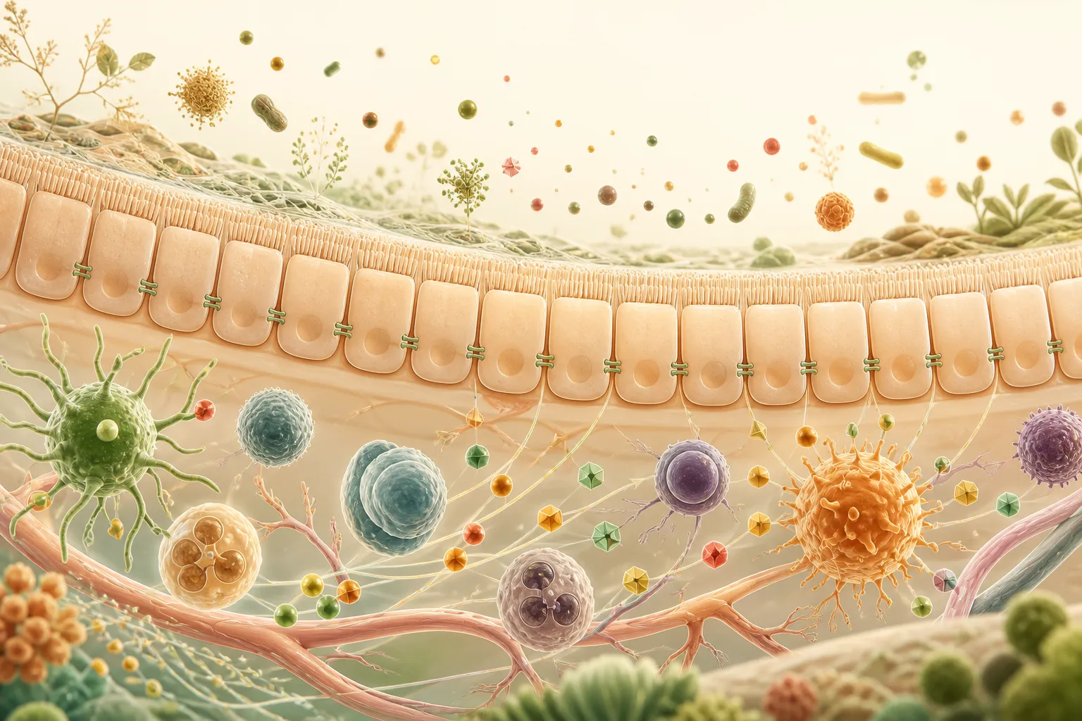 Ilustração editorial da barreira mucosa e células imunes