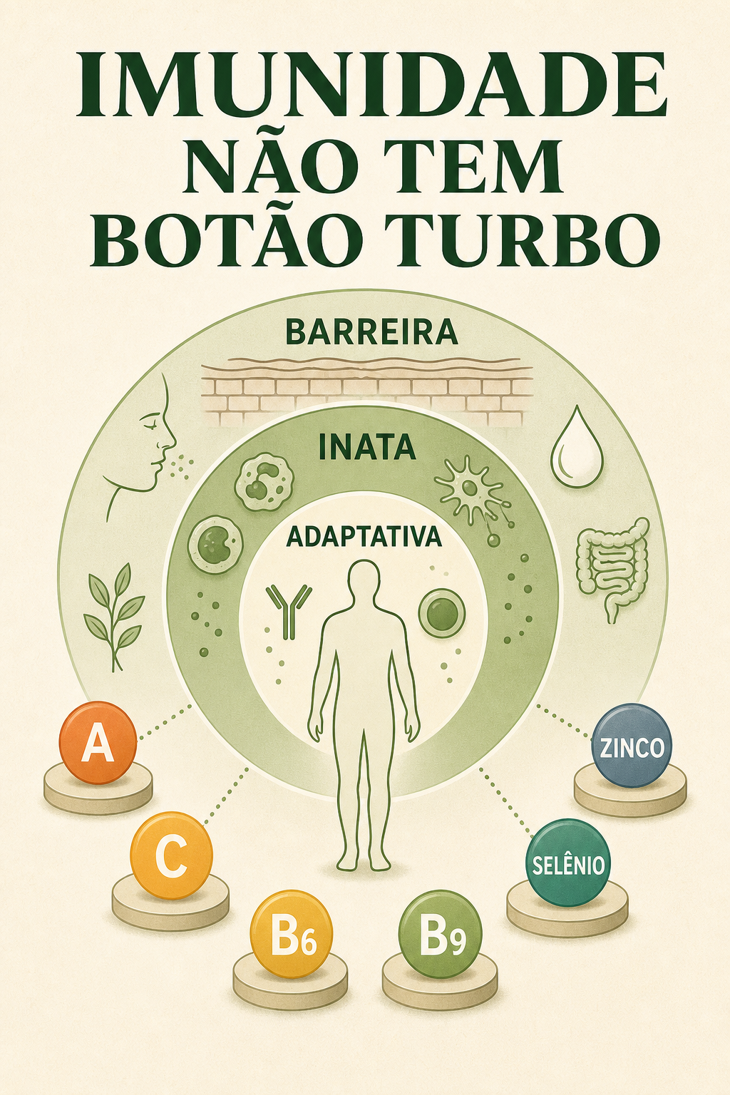 Infográfico das três camadas da imunidade e seis micronutrientes