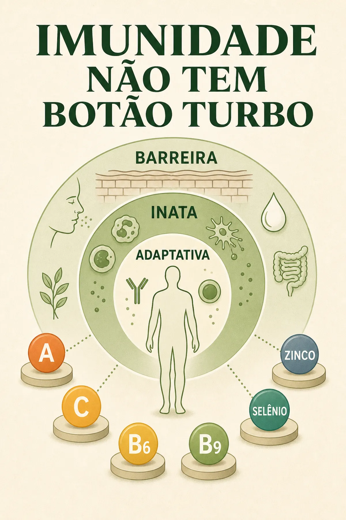 Infográfico das três camadas da imunidade e seis micronutrientes