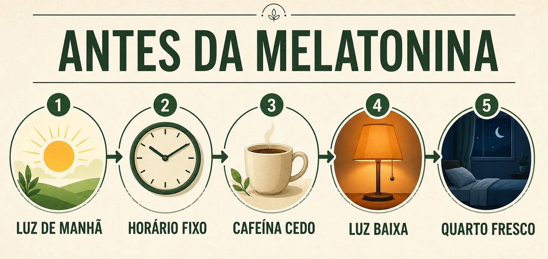 Checklist antes da melatonina: luz de manhã, horário fixo, cafeína cedo, luz baixa e quarto fresco