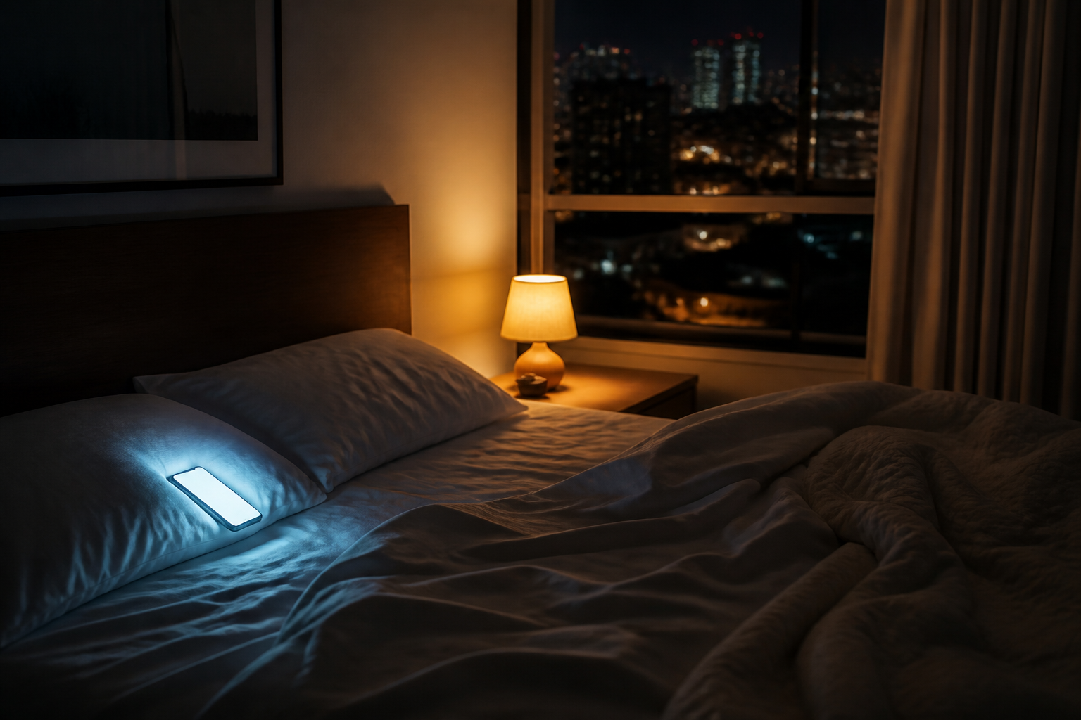 Quarto noturno dividido entre a luz azul do celular e uma iluminação âmbar