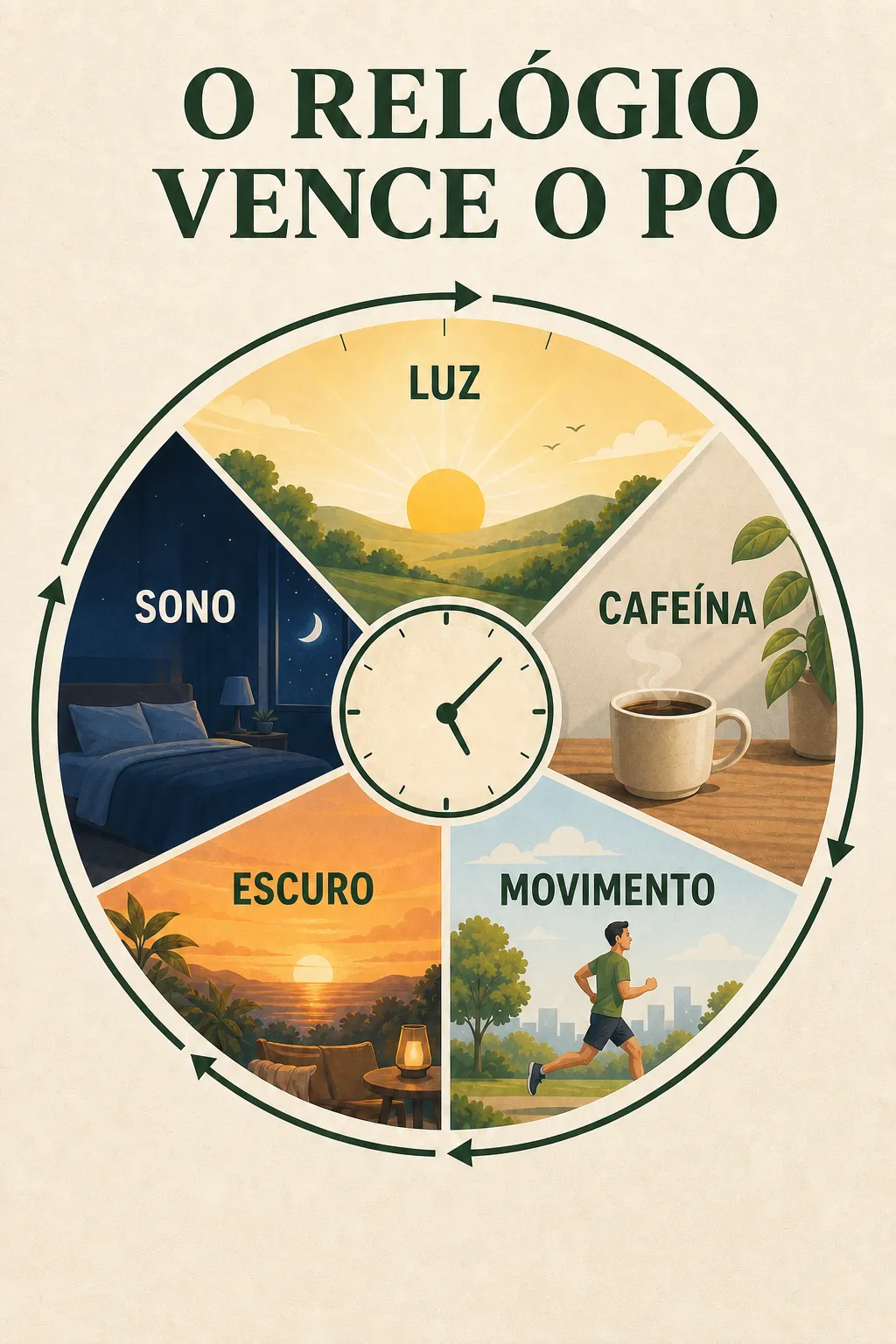 Infográfico de rotina circadiana: luz, cafeína, movimento, escuro e sono