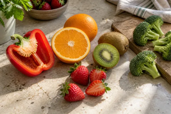 Pimentão vermelho, laranja, kiwi, morangos e brócolis sobre uma bancada clara