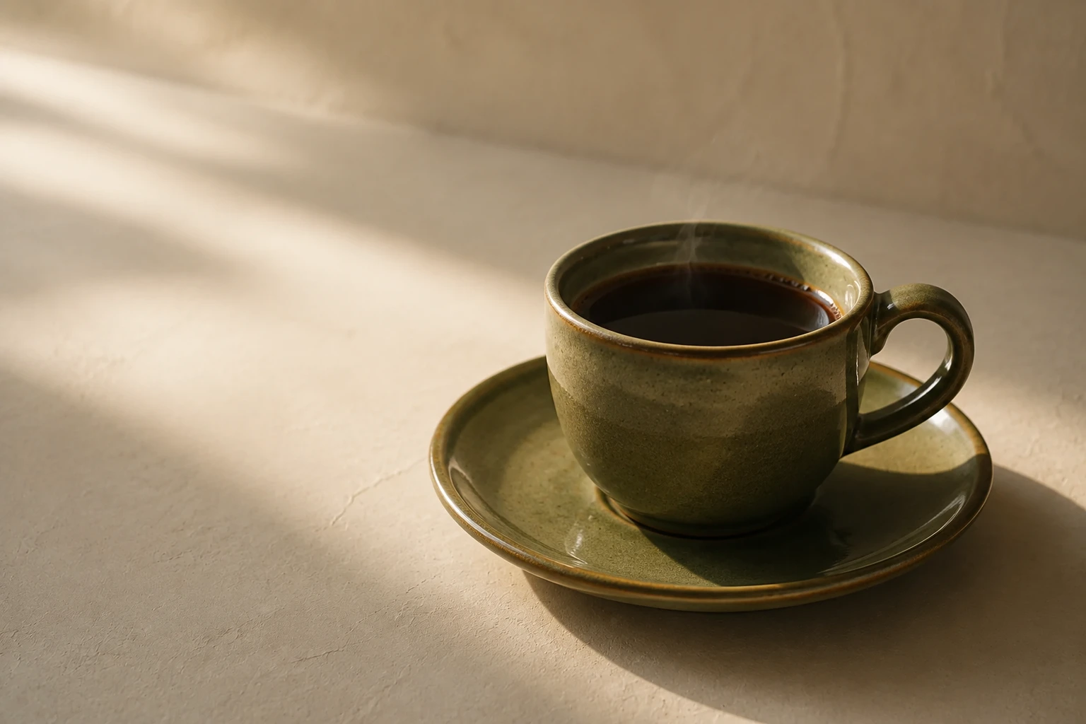Xícara verde de café sob a luz da manhã, sobre uma mesa clara.